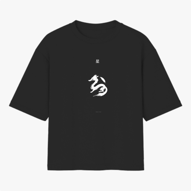 Camiseta com estampa frontal de dragão estilizado em posição sinuosa, acompanhado de caracteres orientais acima e pequenos detalhes textuais abaixo.