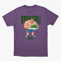 Camiseta com estampa frontal de um fisiculturista segurando uma tigela cheia de brócolis, com a palavra "Broccoli" em destaque acima dele.