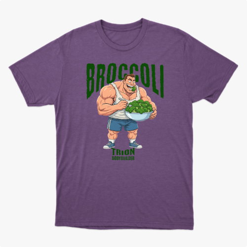 Camiseta com estampa frontal de um fisiculturista segurando uma tigela cheia de brócolis, com a palavra "Broccoli" em destaque acima dele.