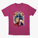 Camiseta com estampa frontal de três personagens em estilo animado, cercados por símbolos místicos e letras verticais estilizadas à esquerda.