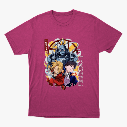 Camiseta com estampa frontal de três personagens em estilo animado, cercados por símbolos místicos e letras verticais estilizadas à esquerda.