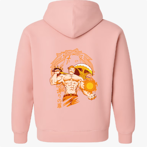 Moletom com estampa traseira de personagem musculoso segurando uma chama e uma espada, cercado por linhas estilizadas e símbolos orientais.
