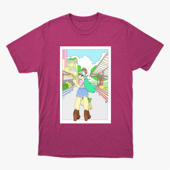 Camiseta com estampa frontal de desenho de uma jovem em cenário urbano, usando botas e gorro, carregando sacola, com prédios e céu ao fundo.