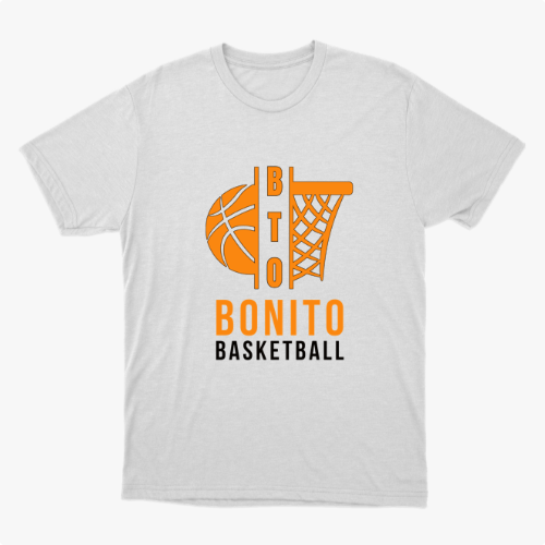 Camiseta com estampa frontal de uma bola de basquete e aro estilizados, acompanhados pelo texto "BONITO BASKETBALL" em letras chamativas.