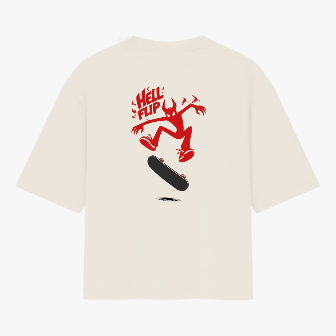 Camiseta com estampa frontal de texto estilizado e estampa traseira de figura demoníaca realizando manobra de skate sob a inscrição "HELL FLIP".