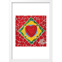 Quadro com estampa frontal de coração estilizado em fundo geométrico com azulejos e inscrição "Moça Minha Menina" no canto inferior direito.