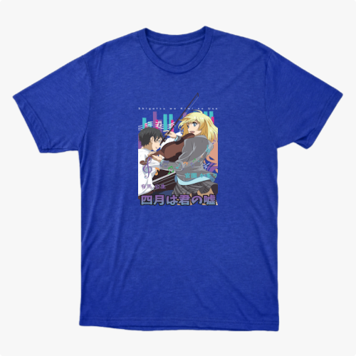 Camiseta com estampa frontal de dois personagens estilo anime, um rapaz e uma moça, acompanhados de instrumentos musicais e elementos urbanos ao fundo.