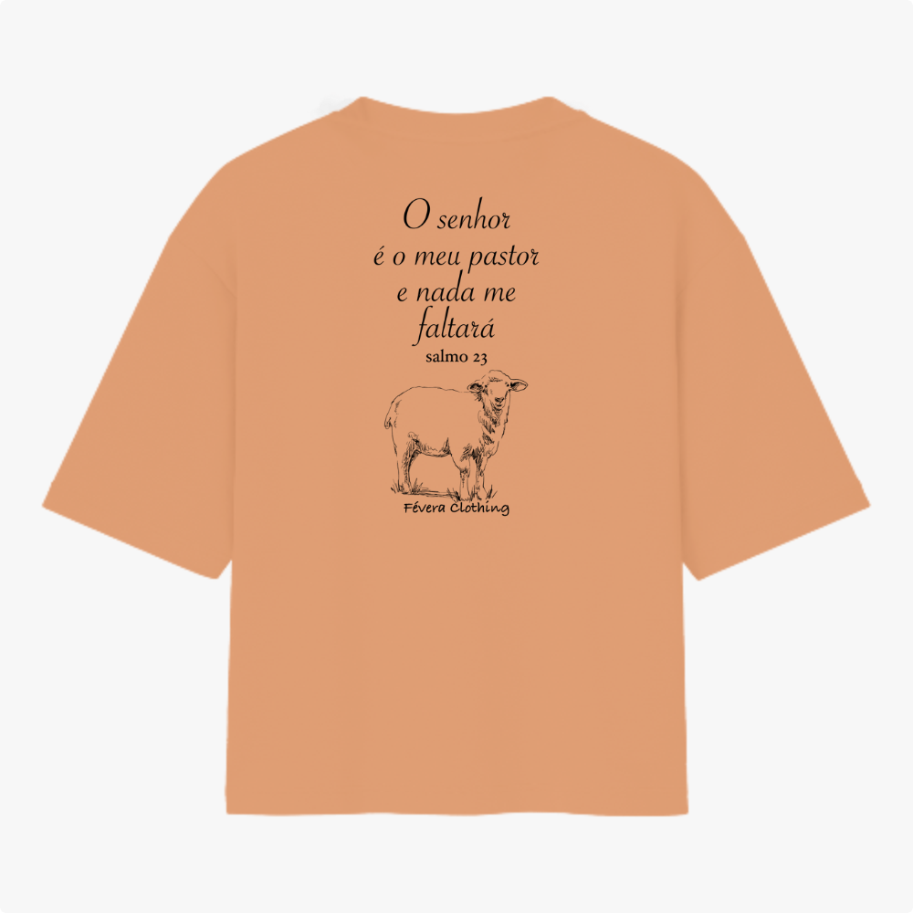 Camiseta com estampa frontal de "Févera Clothing" e estampa traseira de texto bíblico "O senhor é o meu pastor e nada me faltará", salmo 23, e um desenho de ovelha.