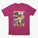 Camiseta com estampa frontal de personagens de anime em poses dinâmicas, rodeados por símbolos japoneses e detalhes florais, com texto em destaque.