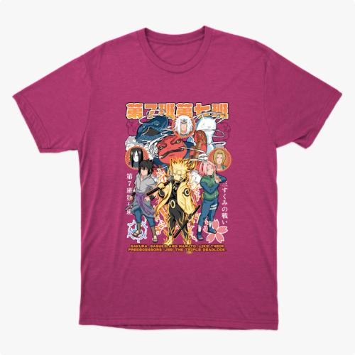 Camiseta com estampa frontal de personagens de anime em poses dinâmicas, rodeados por símbolos japoneses e detalhes florais, com texto em destaque.
