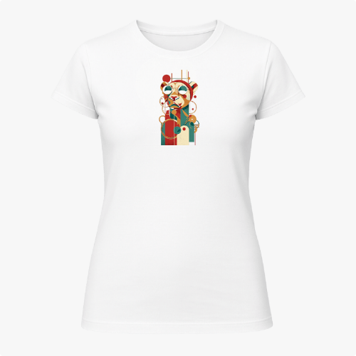 Camiseta com estampa frontal de urso estilizado usando óculos de sol com elementos geométricos e círculos sobrepostos, criando um efeito visual moderno.