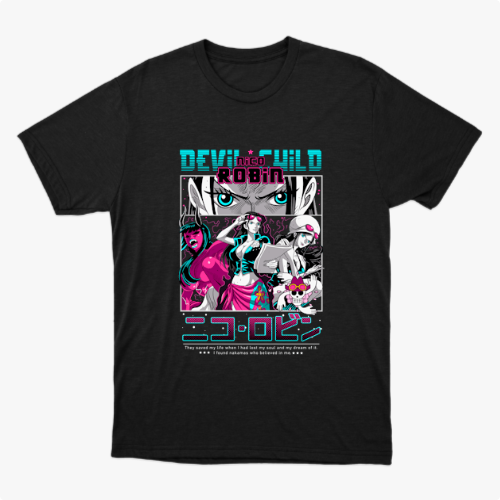 Camiseta com estampa frontal de personagem estilo mangá, com destaque para o olhar intenso acima de várias poses e figuras em ação, acompanhada por texto estilizado.