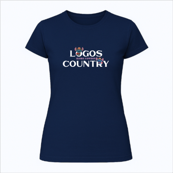 Camiseta com estampa frontal de letras destacadas "LOGOS COUNTRY" com um pequeno cowboy alegre entre as palavras, segurando o chapéu.