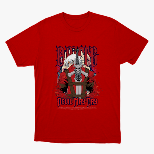 Camiseta com estampa frontal de personagem estilizado segurando uma espada grande, fundo cheio de detalhes gráficos intensos e letras estilizadas acima e abaixo.