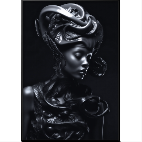 Quadro com estampa frontal de esculturas intrincadas, destacando um rosto feminino futurista com elementos decorativos abstratos e detalhados.