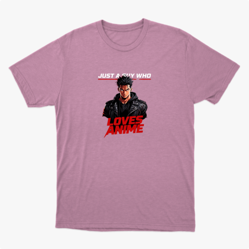 Camiseta com estampa frontal de personagem masculino estilizado usando jaqueta e texto "Just A Guy Who Loves Anime" em destaque.