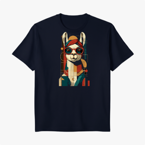 Camiseta com estampa frontal de uma lhama estilizada usando óculos escuros, com elementos geométricos e um visual artístico moderno.