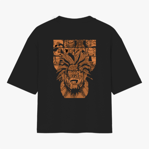 Camiseta com estampa frontal de um rosto detalhado em estilo gráfico e estampa traseira de várias faces em quadrinhos, com destaque para personagem central.