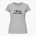 Camiseta com estampa frontal de letras destacadas "LOGOS COUNTRY" com um pequeno cowboy alegre entre as palavras, segurando o chapéu.