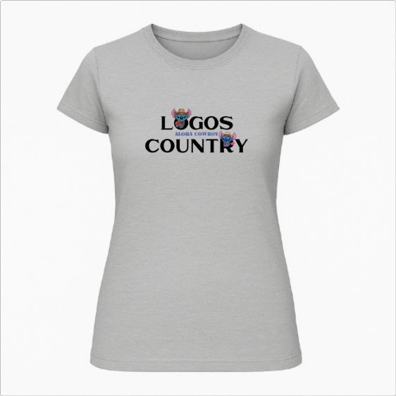 Camiseta com estampa frontal de letras destacadas "LOGOS COUNTRY" com um pequeno cowboy alegre entre as palavras, segurando o chapéu.