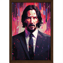 Quadro com estampa de homem em traje formal, cercado por uma composição abstrata de linhas verticais e formas geométricas coloridas em estilo pop art.