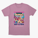 Camiseta com estampa frontal de ilustração em estilo anime, apresentando personagem com pose dinâmica, letras coloridas acima e inscrições japonesas abaixo.