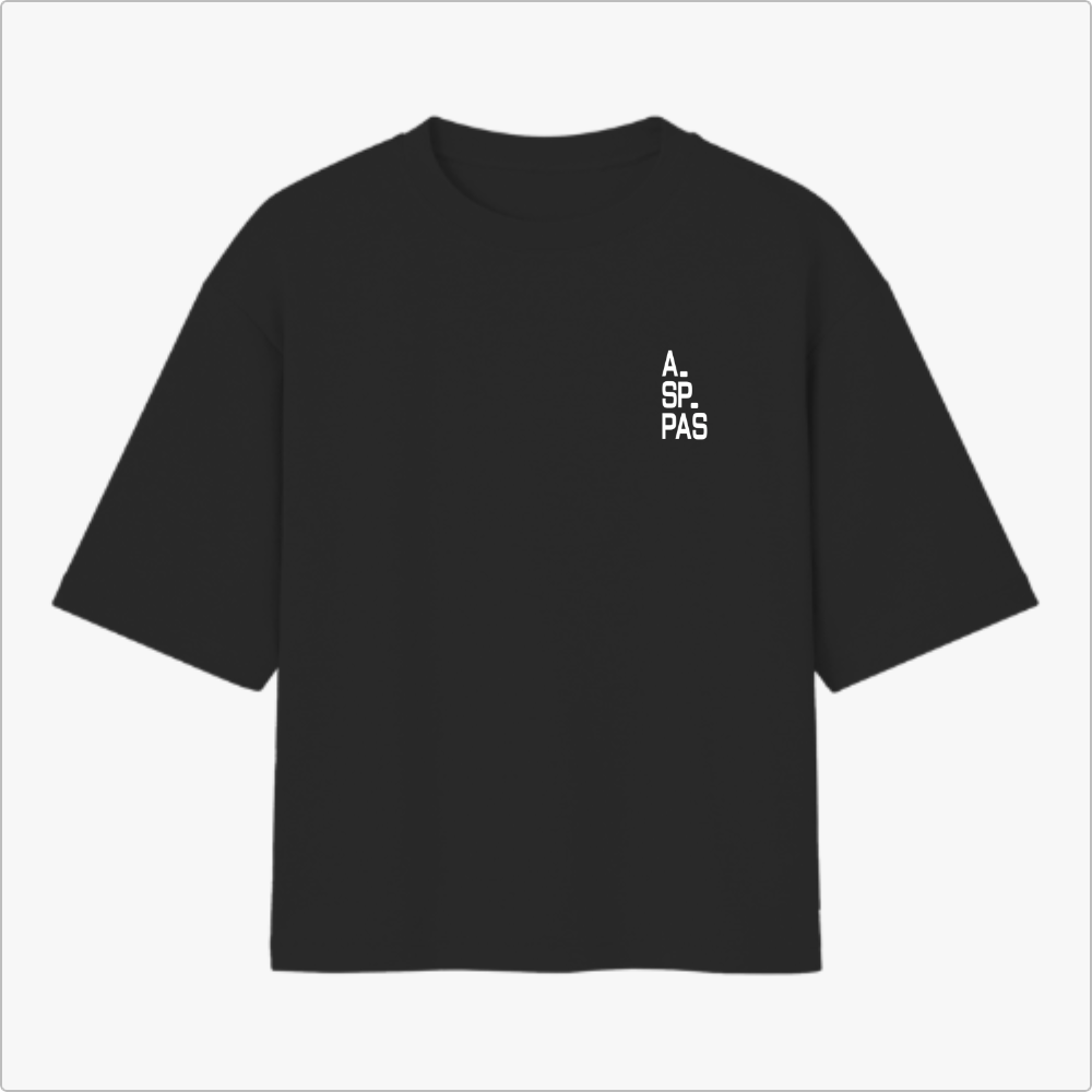 Camiseta com estampa frontal de texto verticalizado "A. SP. PAS" e estampa traseira de mapa estilizado com "1554" no centro, acompanhado de "São Paulo".