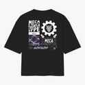 Camiseta com estampa frontal de logotipo e texto "Instituto Federal Pernambuco Campus Caruaru" e estampa traseira com engrenagem, gráficos e texto "Mecatrônica IFPE 2023.1".