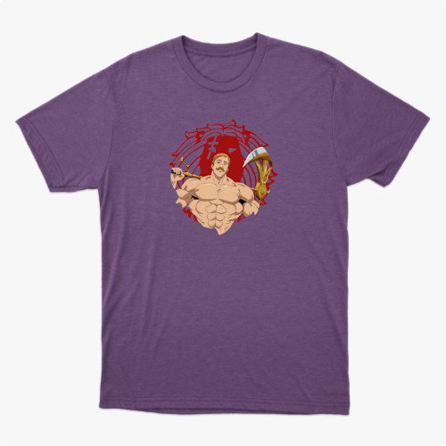 Camiseta com estampa frontal de guerreiro musculoso segurando uma arma sobre fundo circular e estampa traseira de personagem em pose poderosa com texto.