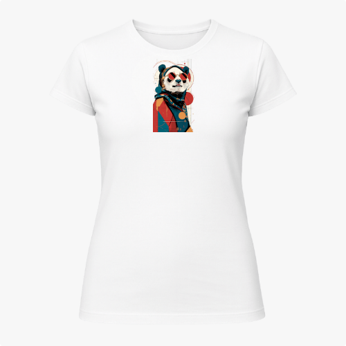 Camiseta com estampa frontal de panda estilizado, vestindo roupa clássica e chapéu, sobre fundo geométrico abstrato contrastante.
