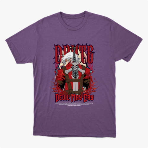 Camiseta com estampa frontal de personagem estilizado segurando uma espada grande, fundo cheio de detalhes gráficos intensos e letras estilizadas acima e abaixo.