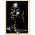 Quadro com estampa de rosto feminino adornado com correntes douradas e detalhes em dourado escorrendo, proporcionando um visual elegante e sofisticado.