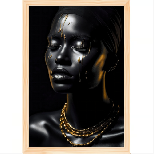 Quadro com estampa de rosto feminino adornado com correntes douradas e detalhes em dourado escorrendo, proporcionando um visual elegante e sofisticado.