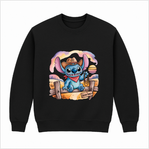 Moletom com estampa frontal de personagem azul com chapéu de cowboy, bandana e violão, sentado em cerca de madeira com fundo de pôr do sol.