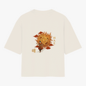 Camiseta com estampa frontal de um sol, um luar, montanhas e o texto "BECAME", e estampa traseira de um sol dourado decorado com símbolos orientais e figuras.