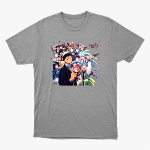 Camiseta com estampa frontal de diversos personagens de anime alinhados, exibindo expressões variadas, alguns com adereços únicos e poses dinâmicas.