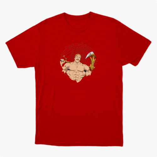 Camiseta com estampa frontal de guerreiro musculoso segurando uma arma sobre fundo circular e estampa traseira de personagem em pose poderosa com texto.