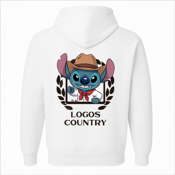 Moletom com estampa frontal de emblema circular com folhas e estampa traseira de personagem azul com chapéu, gravata vermelha e "LOGOS COUNTRY".
