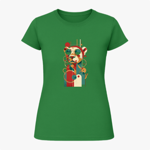 Camiseta com estampa frontal de um panda estilizado em formas geométricas e óculos de sol, com um design moderno composto por linhas e círculos abstratos.