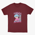 Camiseta com estampa frontal de personagem ilustrado em estilo anime com cabelo azul, vestindo camisa e texto impactante sobre amor por anime.