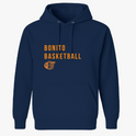Moletom com estampa frontal de texto "Bonito Basketball" acima de um icônico aro de basquete, em um design simples que destaca esportividade.