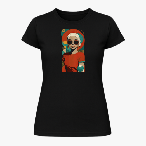 Camiseta com estampa frontal de uma mulher estilizada usando óculos escuros, boina e vestido moderno, com elementos geométricos e florais ao fundo.