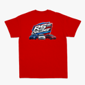 Camiseta com estampa frontal de "RS Challenge" estilizado e estampa traseira de "RS Challenge" maior com três carros em perspectiva detalhada.