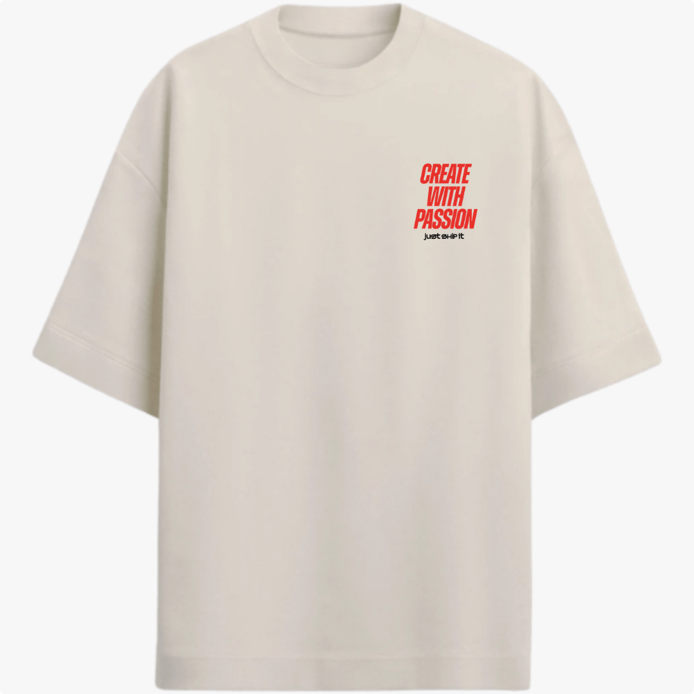 Camiseta com estampa frontal de "CREATE WITH PASSION" e texto de apoio menor, e estampa traseira elaborada de "CREATE WITH PASSION" e "Be Consistent".