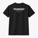 Camiseta com estampa frontal de "RUNNING" e estampa traseira de "RUNNING" com texto complementar "aesthetic sports" seguido de "ROWKER CLUB".