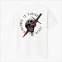 Camiseta com estampa frontal de frase estilizada "Violence is Virtue Legio" e estampa traseira de caveira perfurada por espada com inscrição ao redor.