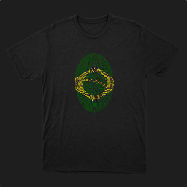 Camiseta com estampa frontal de uma digital estilizada formando a bandeira do Brasil, integrando as listras curvas em tons contrastantes.