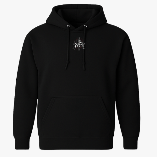 Moletom com estampa frontal de caveira estilizada com elementos florais e estampa traseira de grande caveira cruzada por ossos com detalhes geométricos e texo.