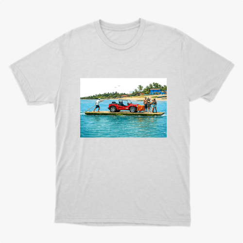 Camiseta com estampa frontal de cena litorânea com pessoas e jipe sobre balsa em rio, e estampa traseira de texto "Barra do Rio" com sol e palmeiras.