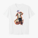 Camiseta com estampa frontal de galo estilizado com detalhes gráficos angulares, contornos coloridos e inscrições em estilo grafite na parte inferior.